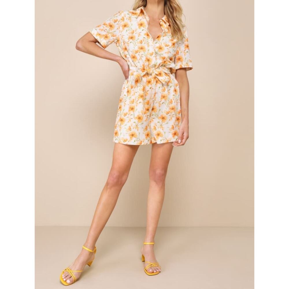 Lulus Fresh Sunshine Ivory Floral Collared Short Sleeve Romper S Tie Waist Flowy
